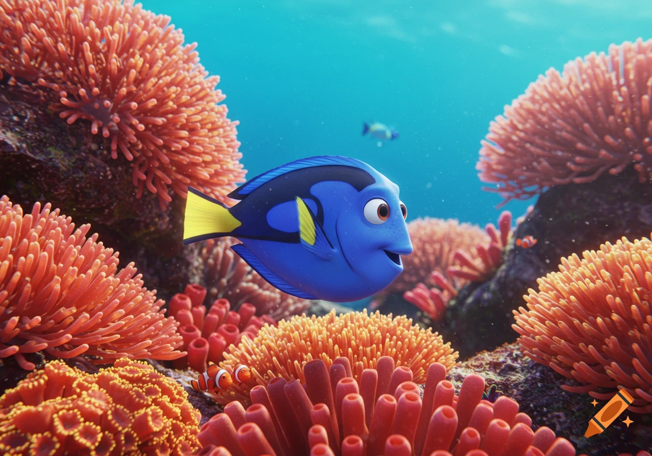 A cartoon blue tang fish swims among vibrant orange coral in a bright blue underwater scene.