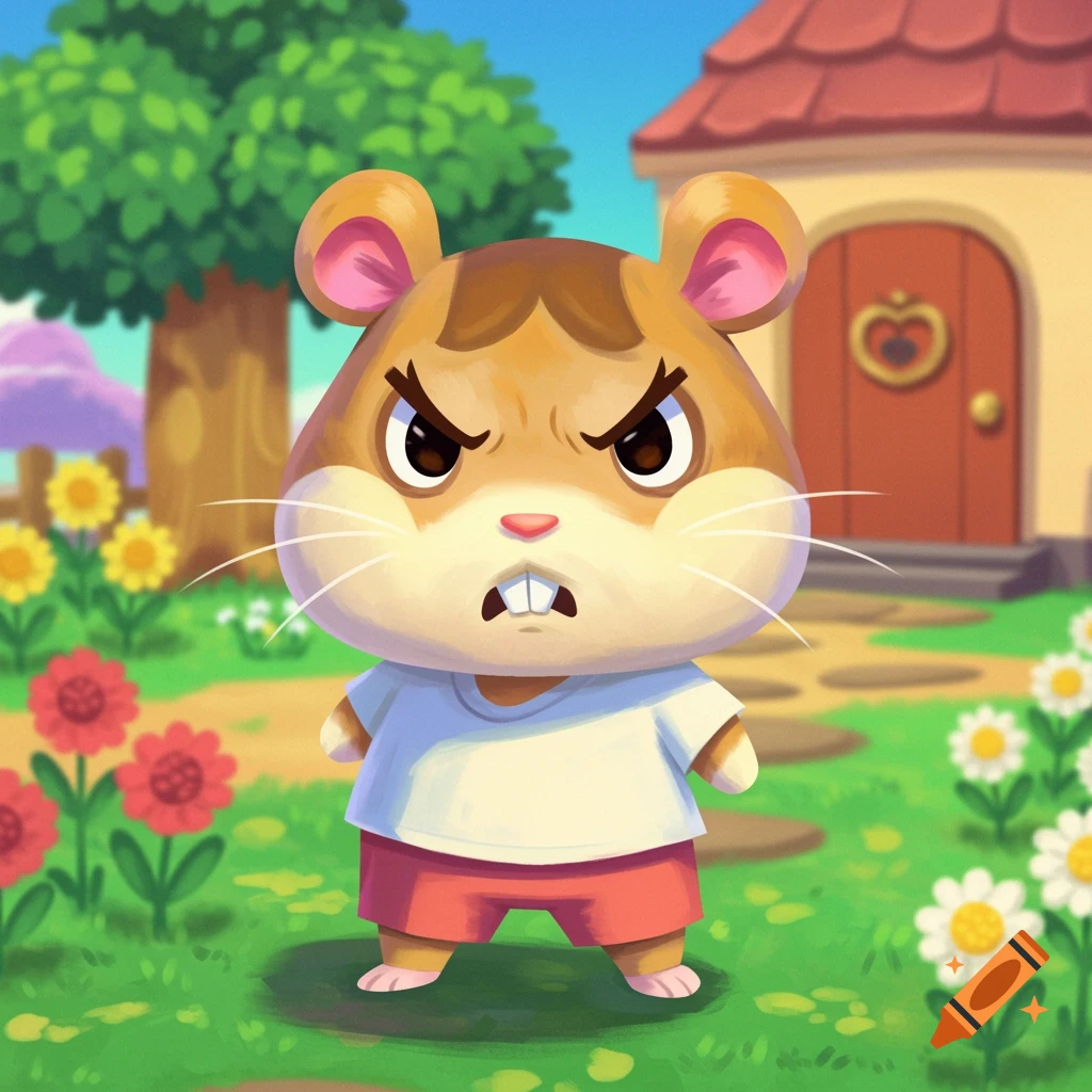 An angry, cartoon-style hamster villager, resembling an Animal Crossing character, stands in a vibrant village with a house, tree, and flowers.
