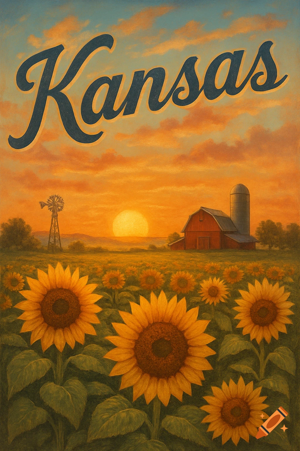 A stylized painting of a sunflower field at sunset with a red barn, windmill, and the word 'Kansas' in the sky.