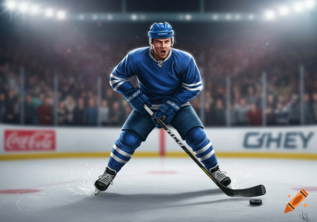 A male hockey player in a blue uniform, holding a stick, skates on the ice in a brightly lit arena.