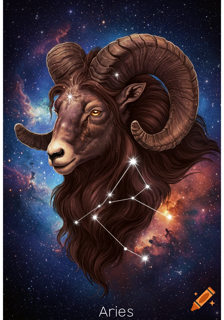 A detailed illustration of a majestic ram's head, representing Aries, set against a vibrant cosmic nebula with stars and constellations.