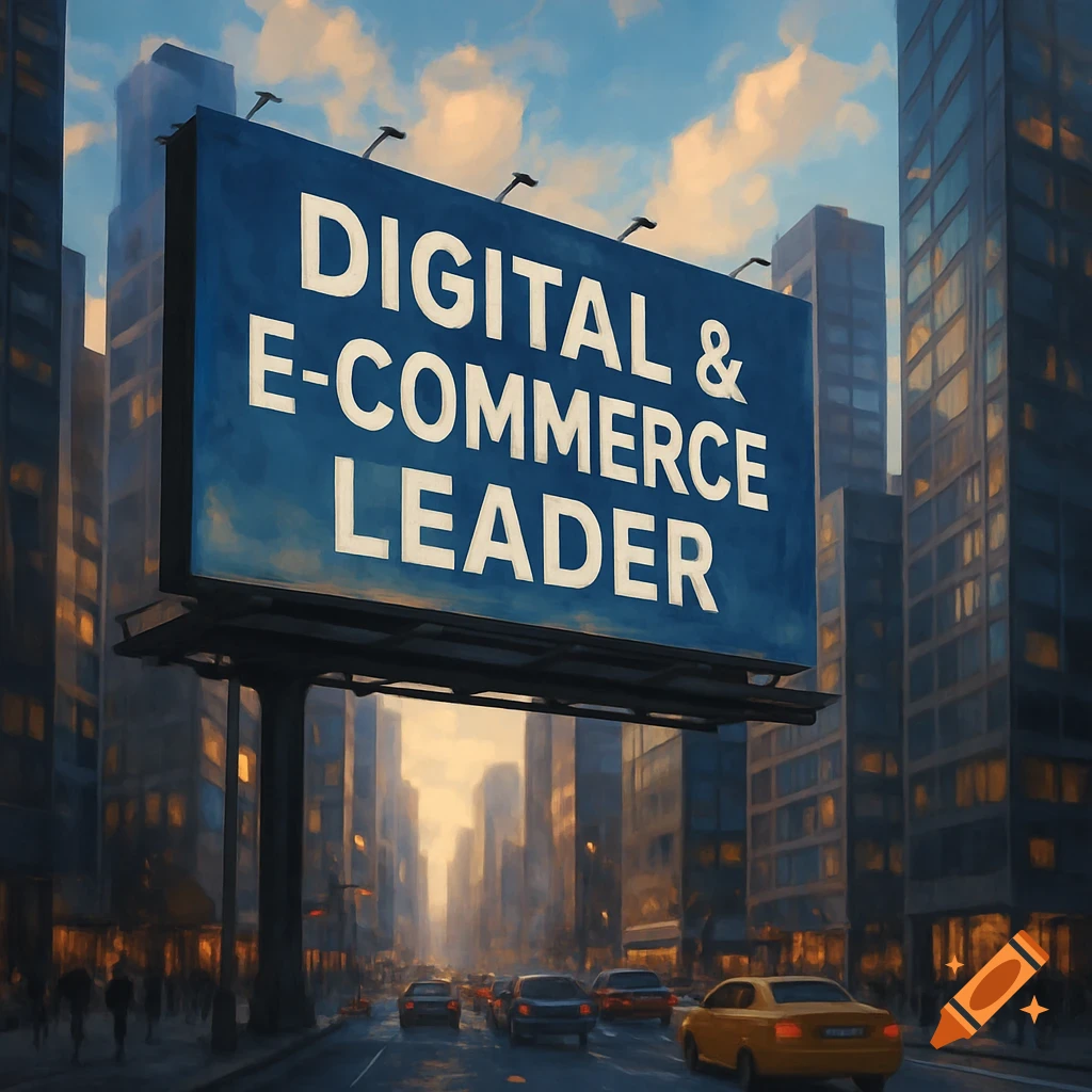 A billboard in a busy city street displays 'DIGITAL & E-COMMERCE LEADER' against a backdrop of skyscrapers and cars.