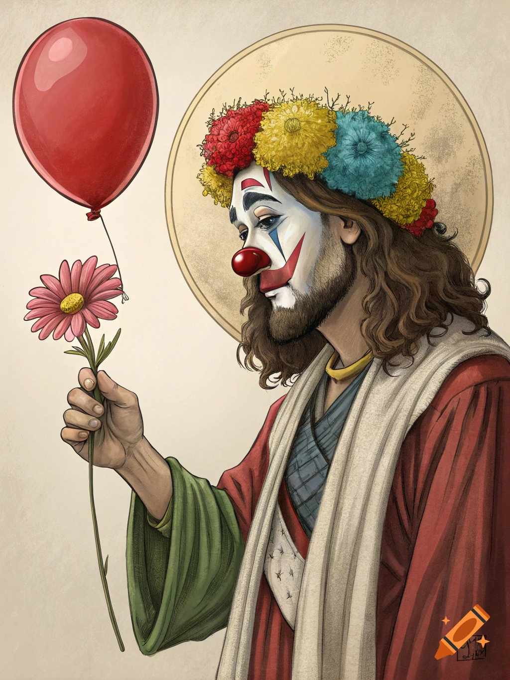 An illustration of a figure with clown makeup and a floral crown, resembling Jesus, holding a pink daisy. A red balloon floats above.