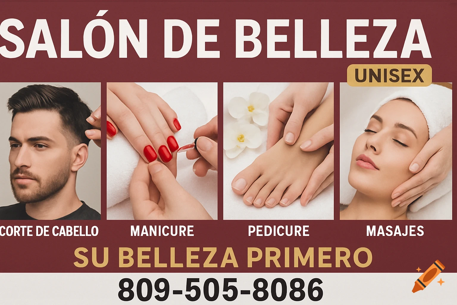 Banner for a unisex beauty salon listing services like haircuts, manicures, pedicures, and massages, with a phone number.
