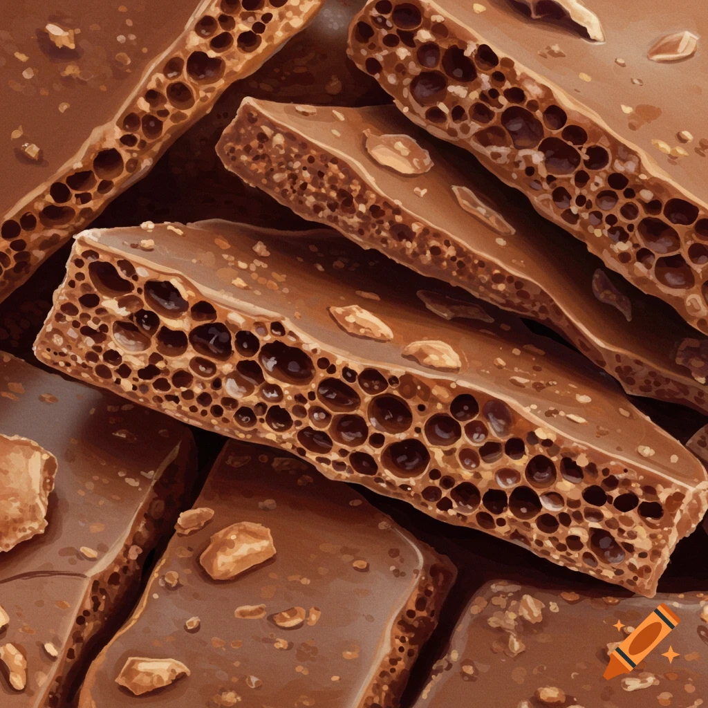 Close-up of various pieces of porous chocolate bars.