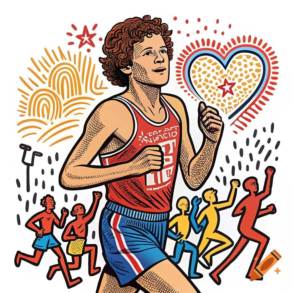 An illustration of a male runner in a red tank top and blue shorts, with other stylized runners, in the style of Keith Haring.