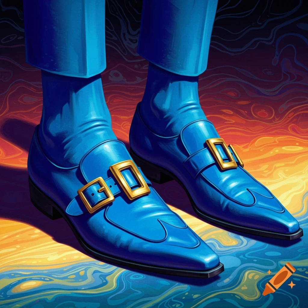 Vibrant illustration of bright blue men's dress shoes with gold buckles, set against a colorful, abstract background.