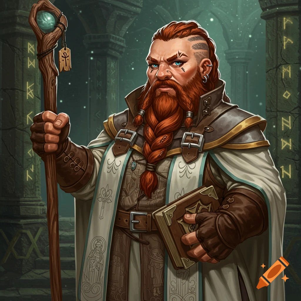 A detailed portrait of a red-bearded dwarf cleric in a braided beard, wearing a robe, holding a staff and a book in a fantasy setting.