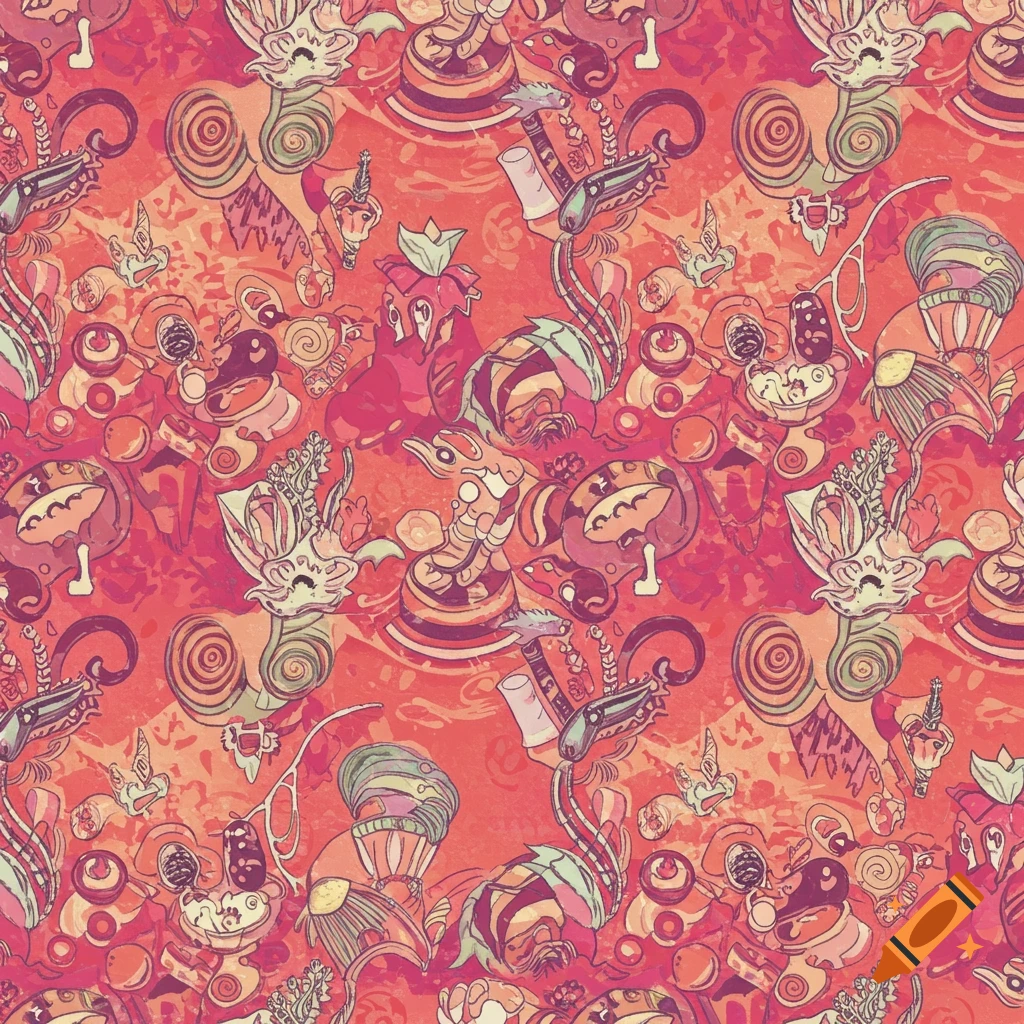 A seamless, playful, and surreal pattern featuring abstract fantastical shapes in shades of red, pink, orange, and light green.