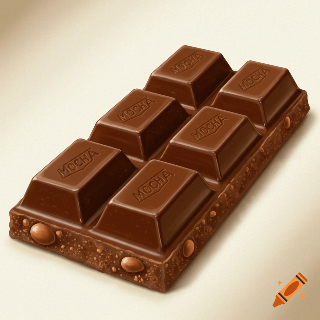 A close-up, photorealistic image of a rectangular mocha chocolate bar with six segments, each embossed with "MOCHA," and nuts visible along the bottom edge.