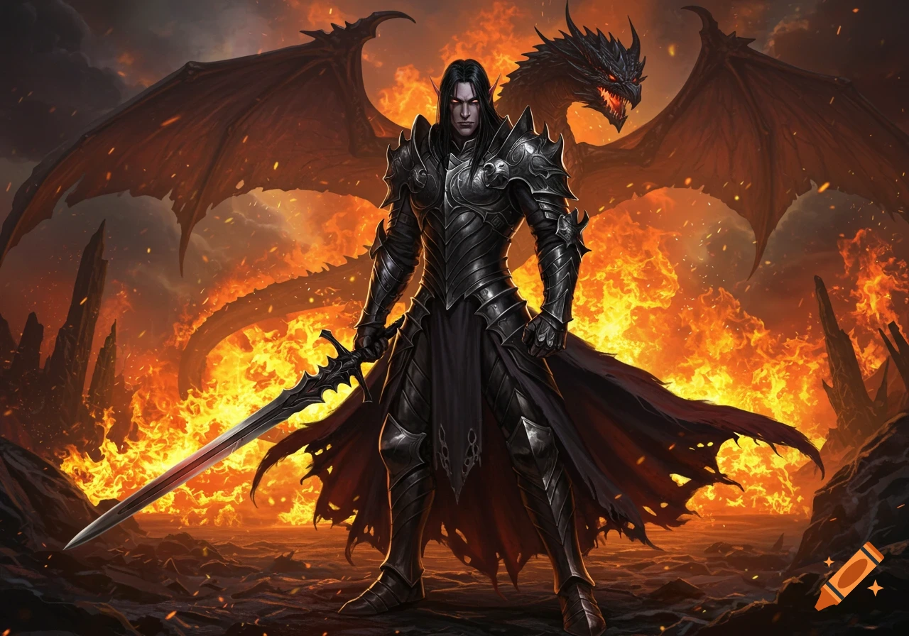 Dark elf warrior in black armor holding a sword, standing before a large dragon with fiery wings in a burning landscape.