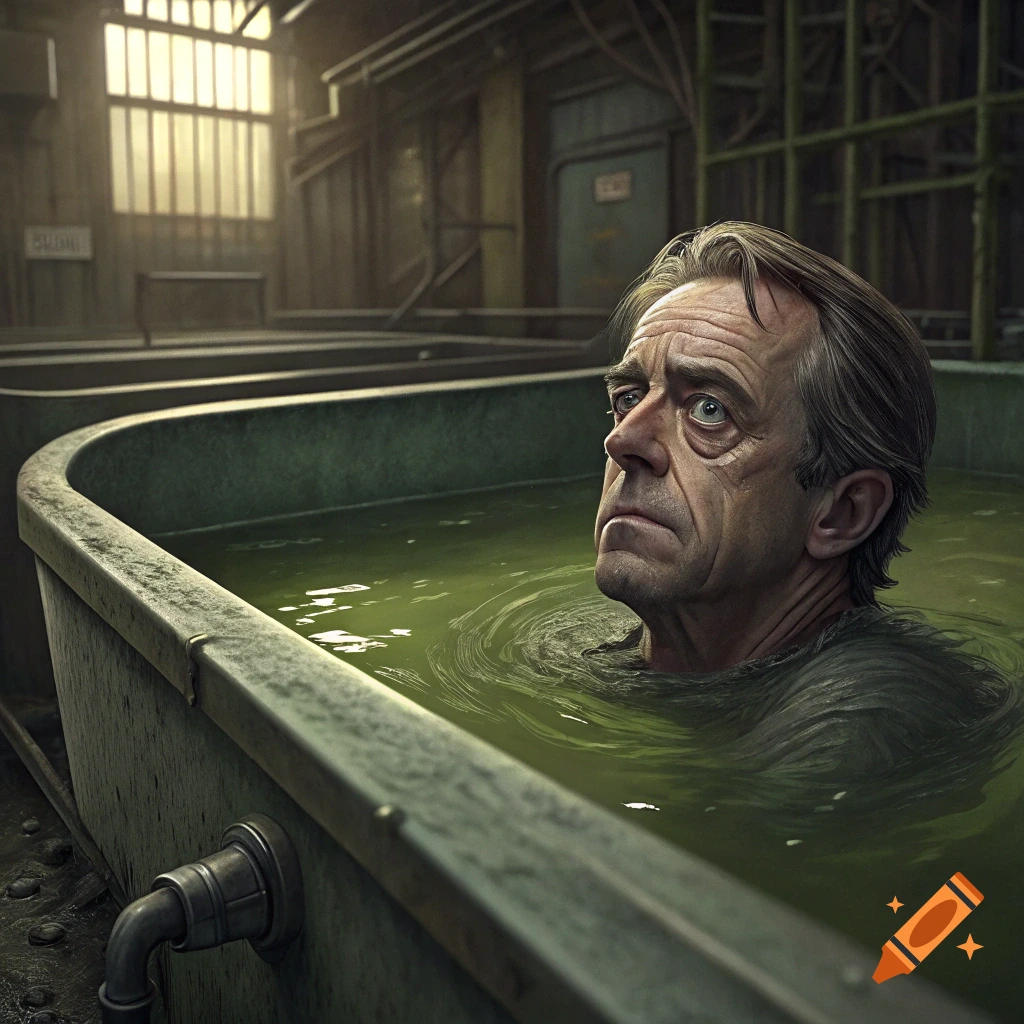 A man submerged in a large vat of green liquid within a dimly lit industrial building, photorealistic style.