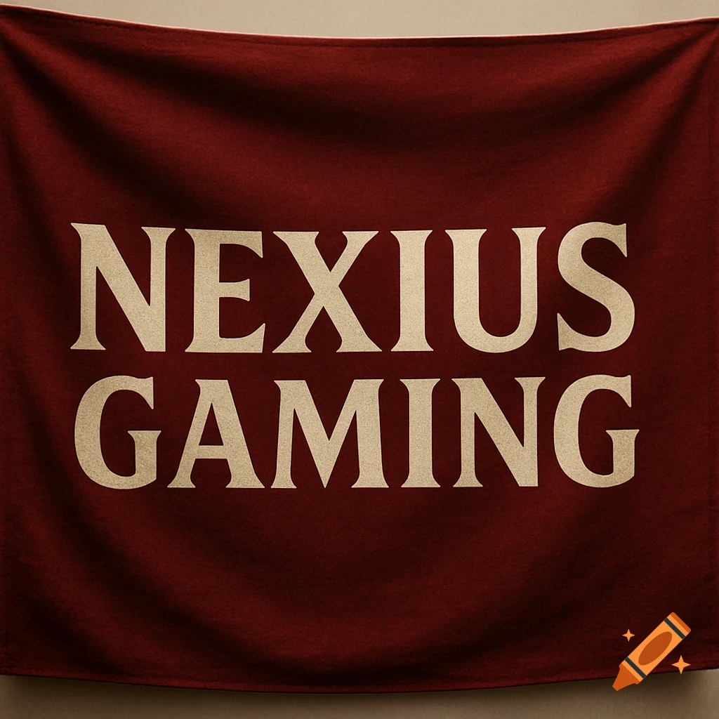 A dark red flag with 'NEXIUS GAMING' in gold text.