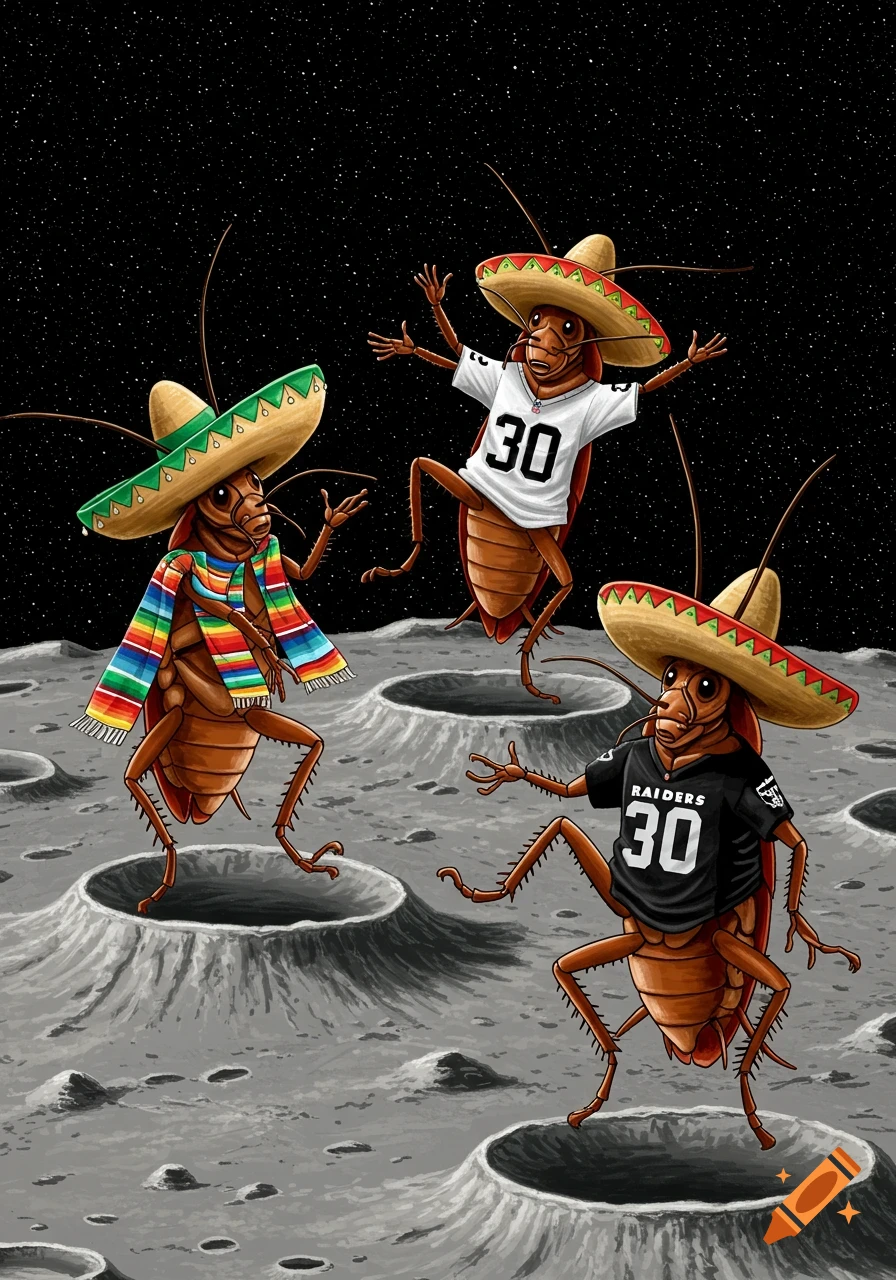 Three cartoon cockroaches wearing sombreros and football jerseys dance on the moon amidst craters.