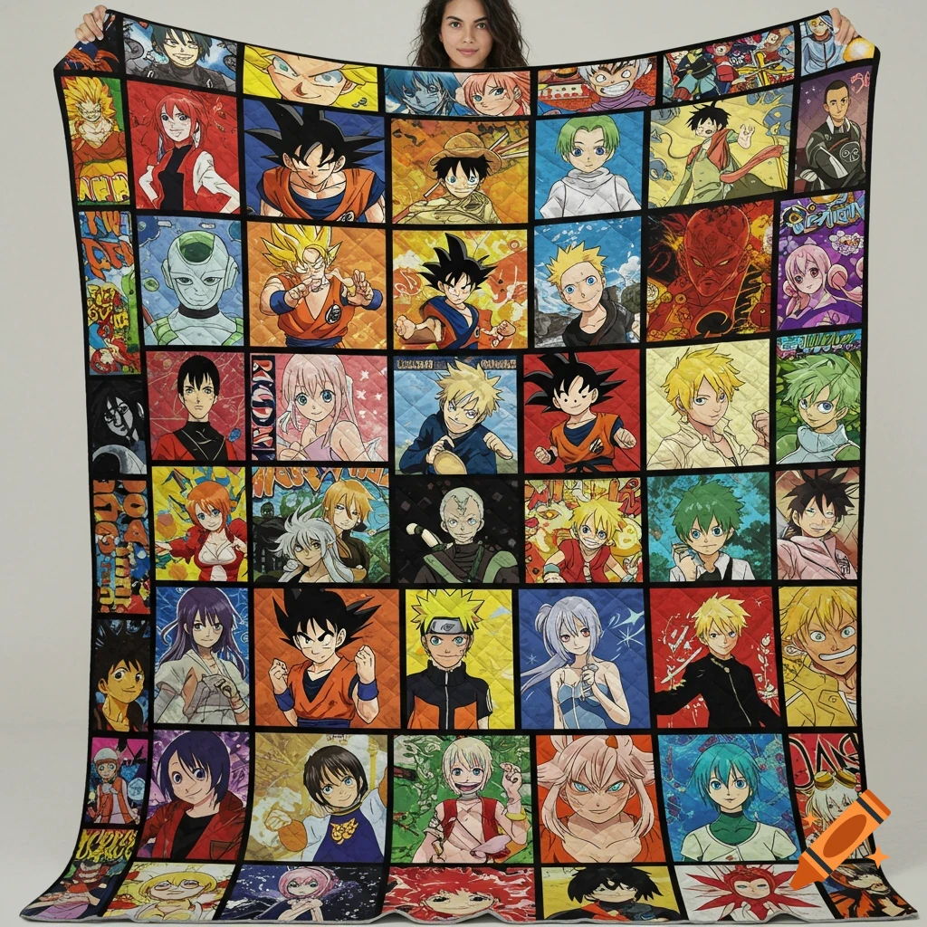 A person holds up a quilt composed of many square panels, each depicting a different anime character in a vibrant, cartoonish style.