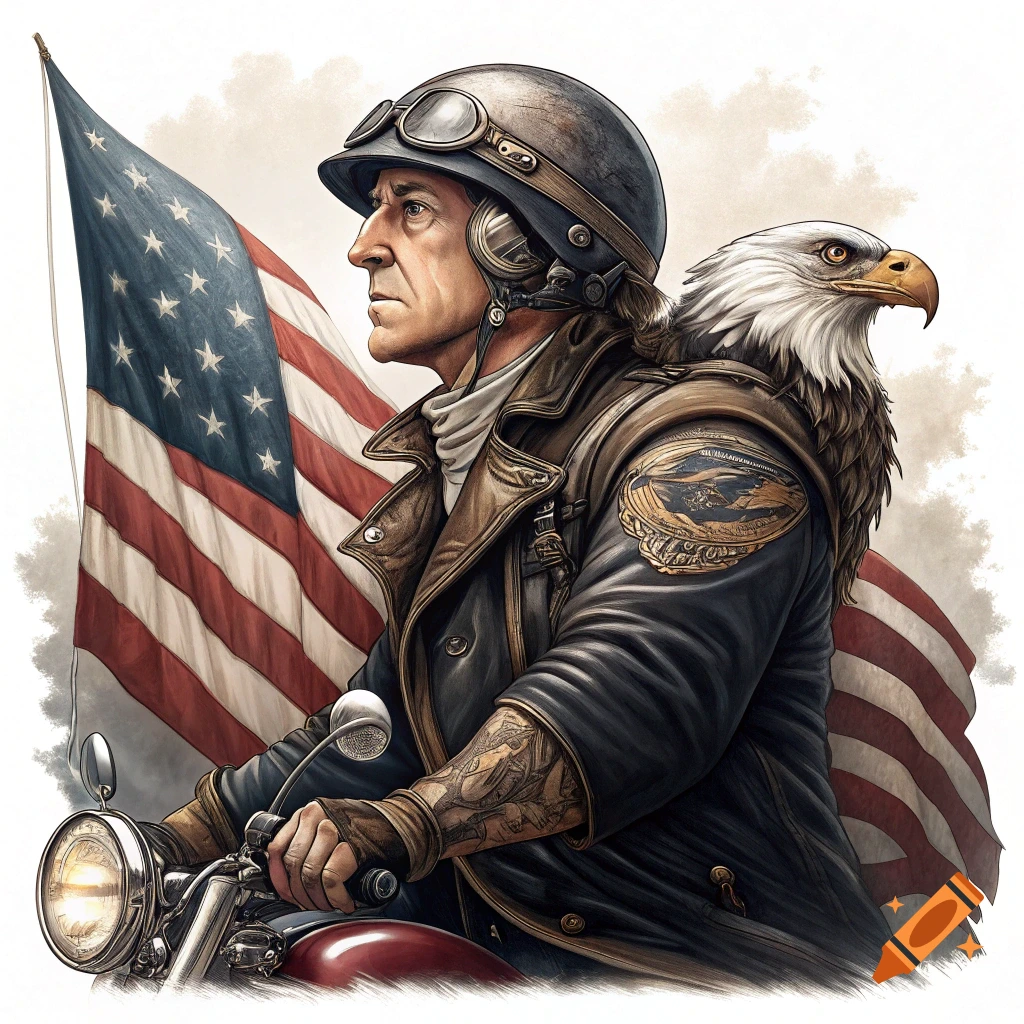 Illustration of George Washington riding a motorcycle with an American flag behind him and a bald eagle on his shoulder. He wears a biker helmet and leather jacket.