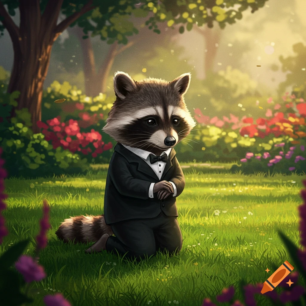 A cute raccoon wearing a black suit and bow tie kneels in a sunlit garden with colorful flowers.