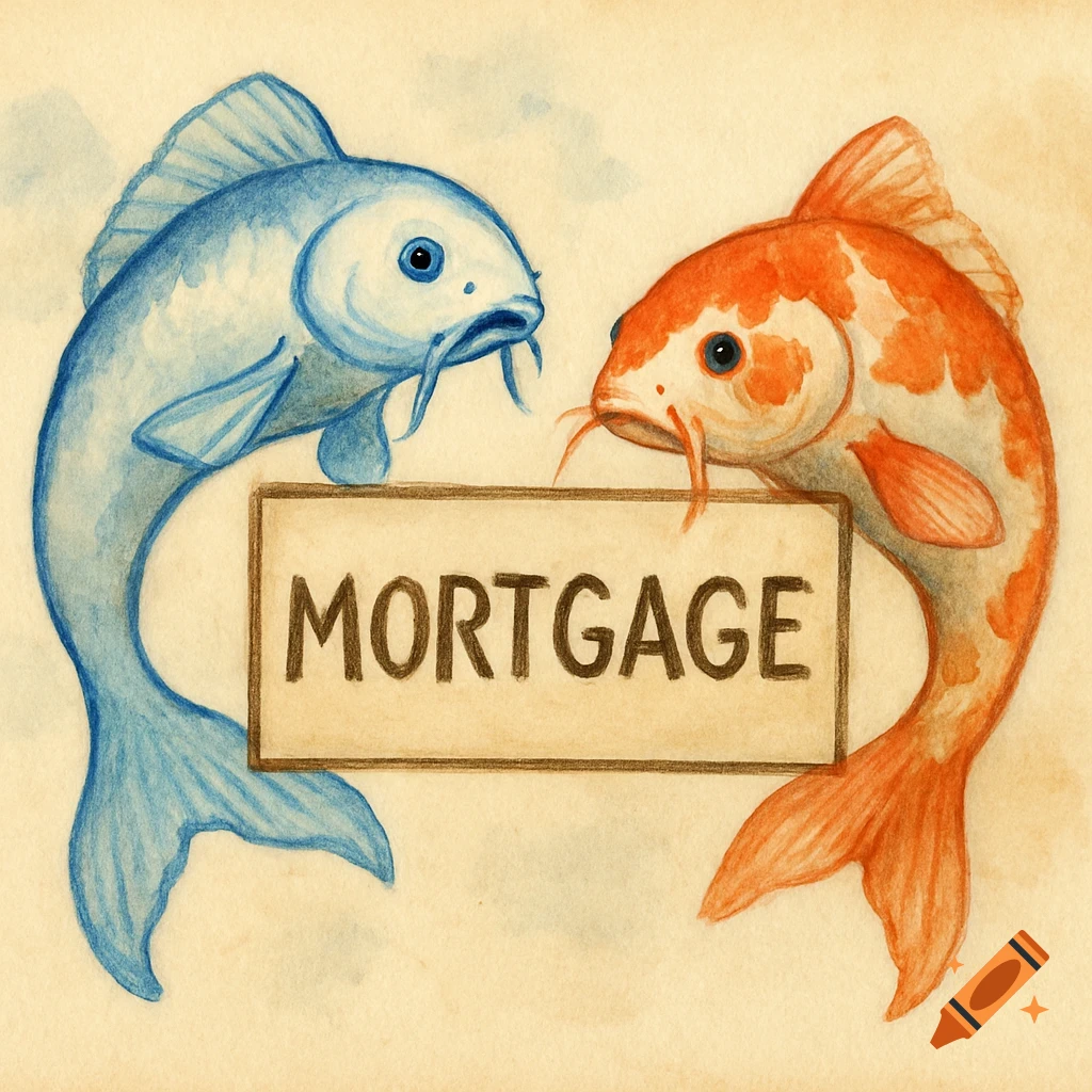 Two watercolor koi fish, one blue and one orange, hold a sign that reads 'MORTGAGE'.
