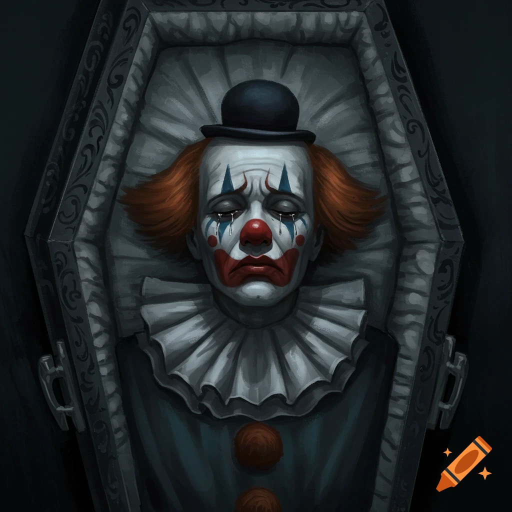 A mournful clown with red hair and painted tears lies in an ornate coffin in a dark, illustrative style.