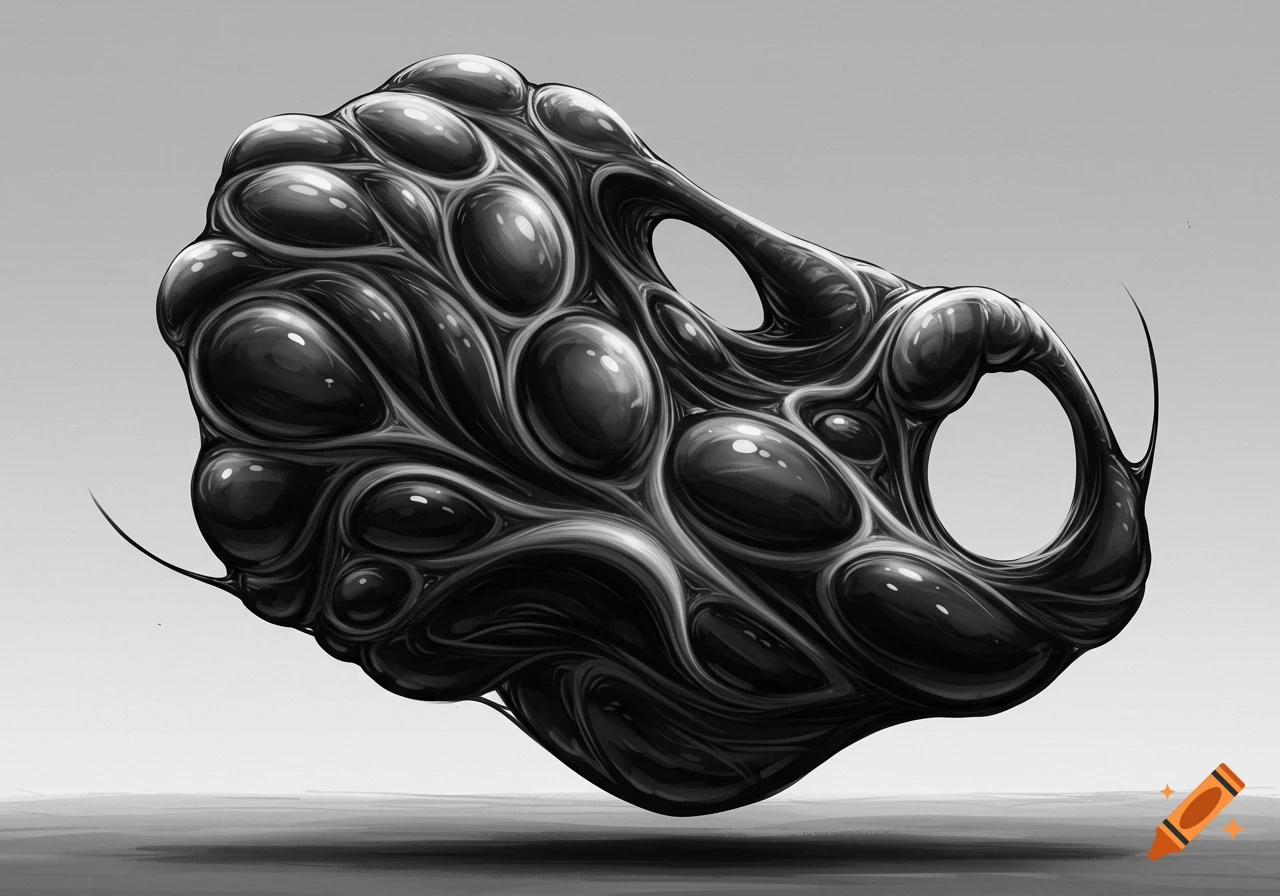 A black and white image of an abstract, organic form resembling a cluster of dark, glossy sacs and intertwined flesh, with holes and tendrils, against a light gray background.
