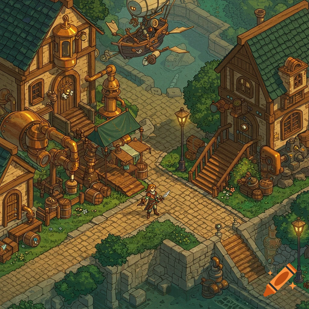 Isometric steampunk village scene with detailed buildings, market stall, and an airship flying over a character with a sword, in a video game art style.