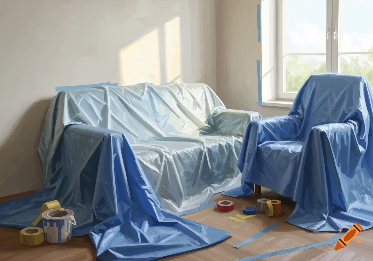 A room ready for painting with furniture covered in light blue drop cloths, painter's tape, and a paint can on the floor by a window. Illustrative style.