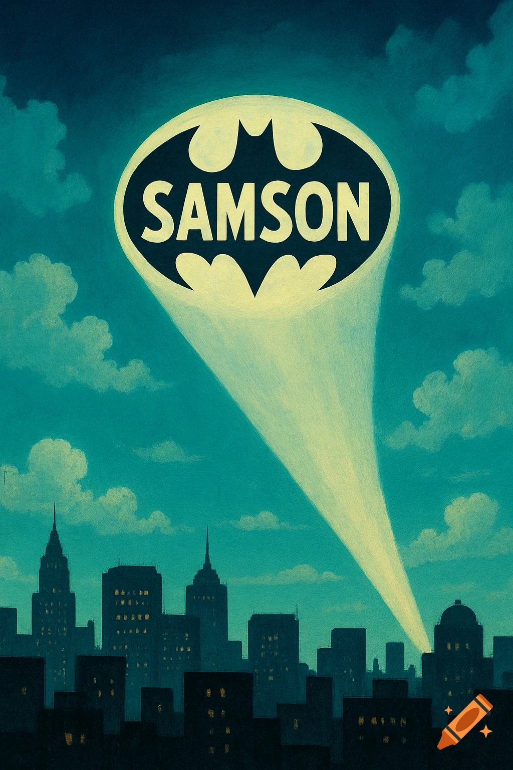 A stylized image of a city skyline at night with a bright Bat-signal projecting "SAMSON" into the turquoise sky.