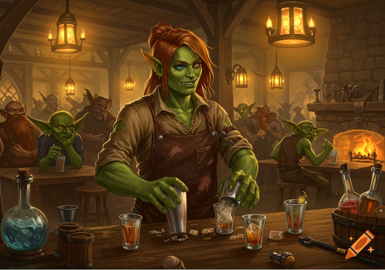 A green-skinned, red-haired bartender, possibly an orc or goblin, mixes drinks in a bustling fantasy tavern filled with other fantasy creatures.