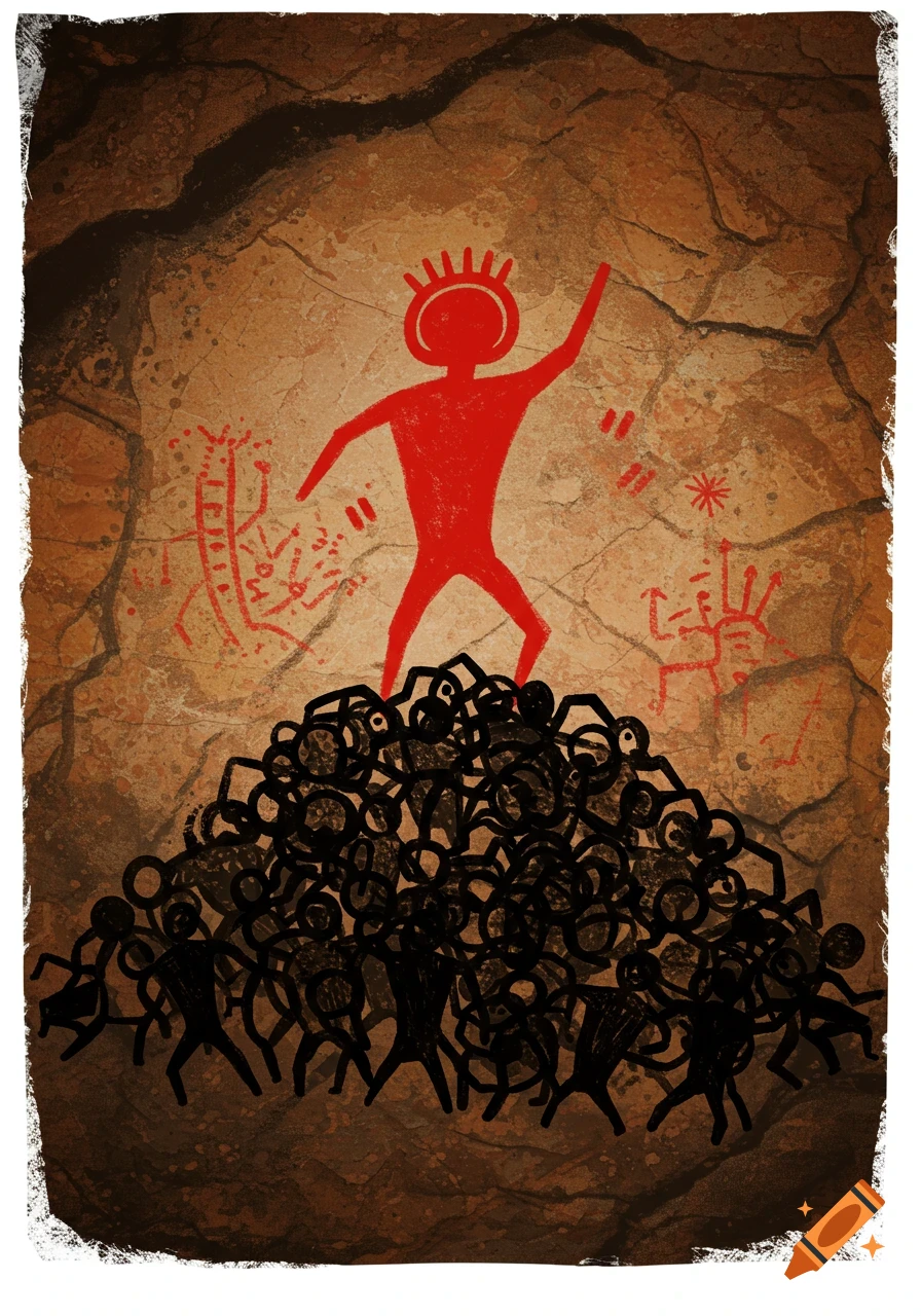 A stylized red cave painting figure with a crown stands on a pile of smaller black figures against a textured cave wall.