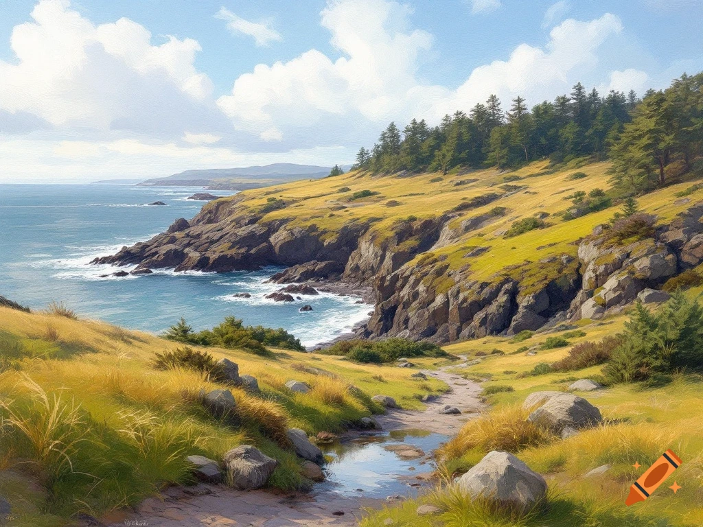 A vibrant painting of a coastal landscape with green and yellow grass-covered hills, rocky cliffs, and blue ocean under a partly cloudy sky.