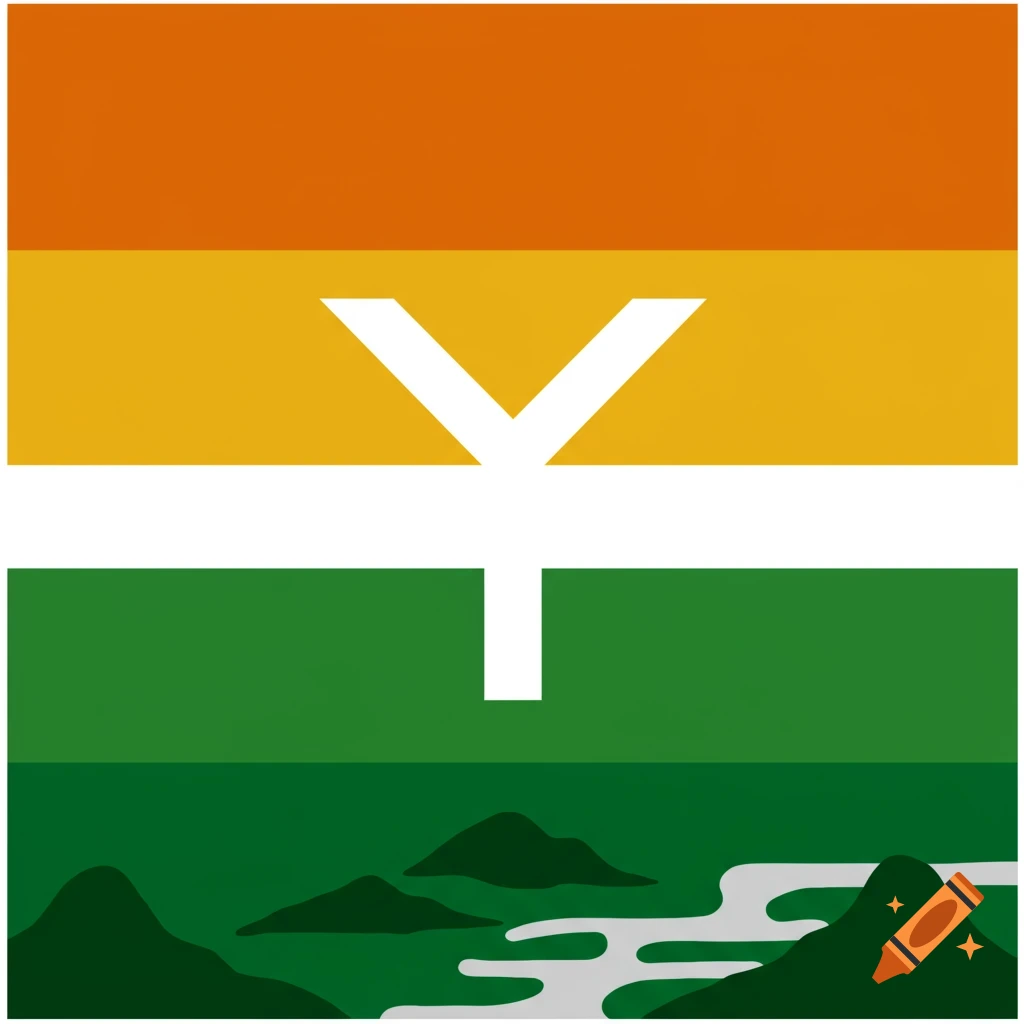 A flag with orange and gold stripes and a large white Y symbol, over a green landscape with mountains and a winding river.
