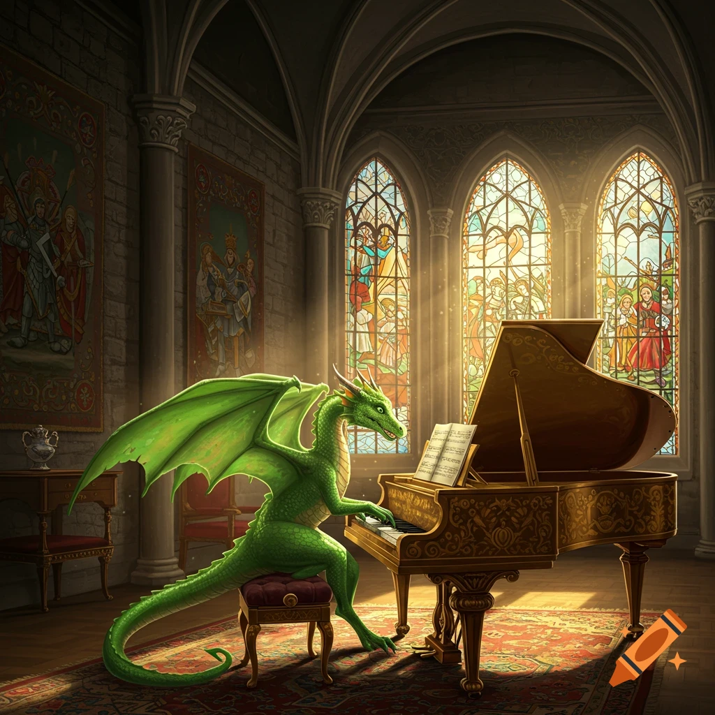 A green dragon with large wings plays a grand piano in a grand castle room with stained glass windows.