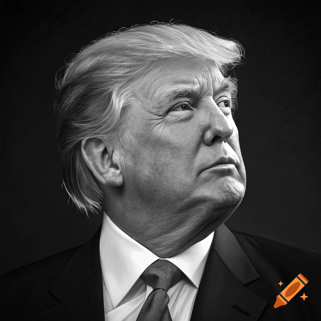 Black and white close-up portrait of Donald Trump looking upwards.