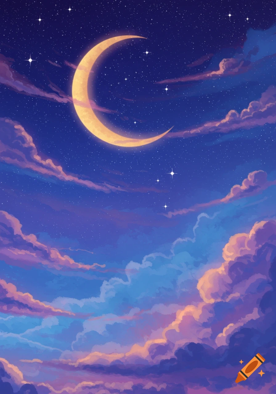 A bright crescent moon in a deep blue starry night sky, with colorful purple, orange, and blue clouds below, in an illustrative style.