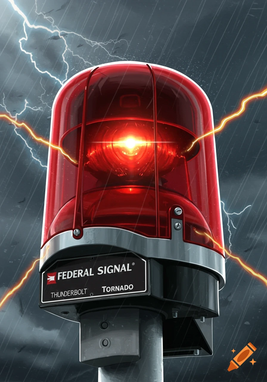 A close-up of a red emergency siren with a bright internal light, mounted on a pole, set against a dark, stormy sky with lightning bolts and rain.