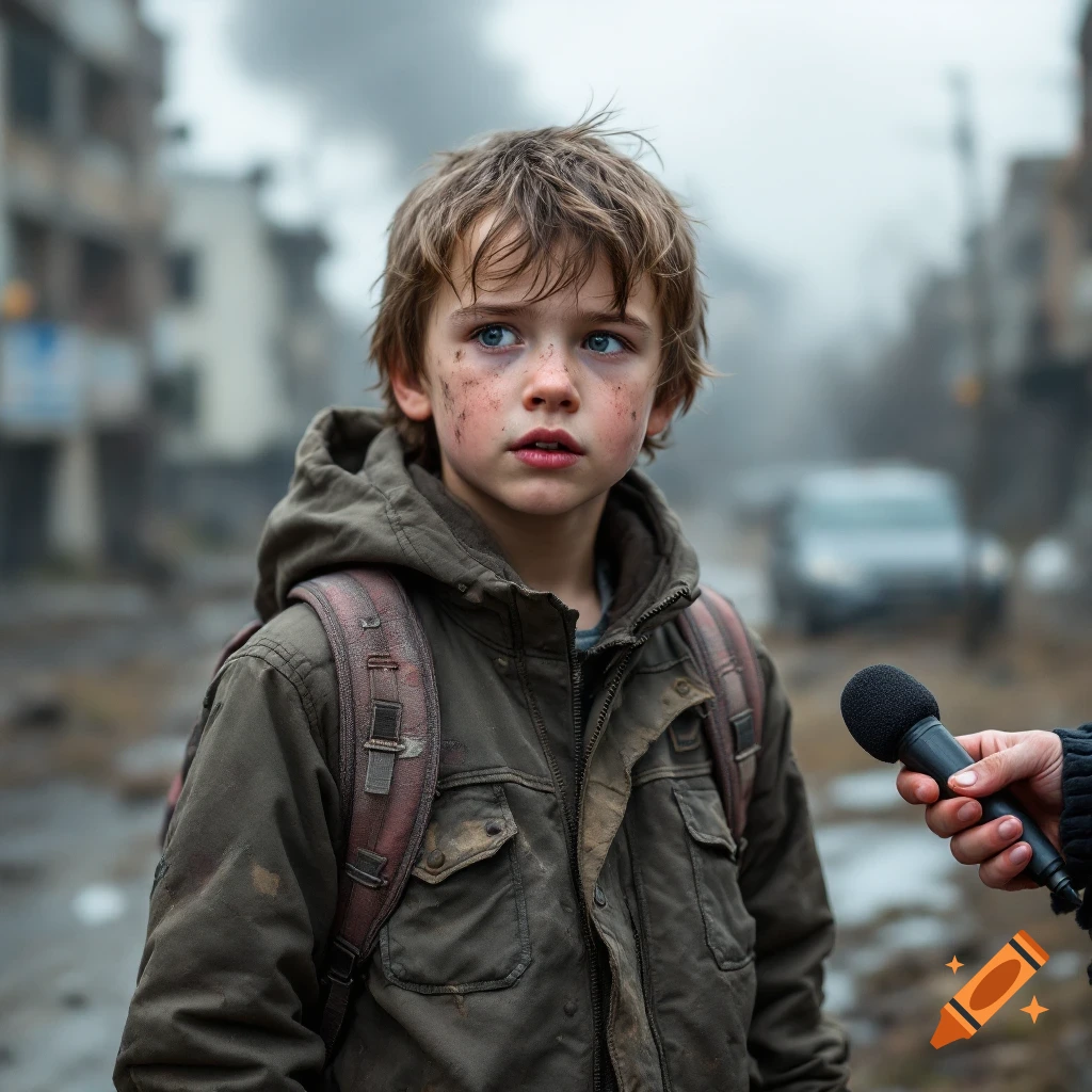 A dirty young boy with a backpack looks away during an interview with a microphone in a ruined, smoky city.