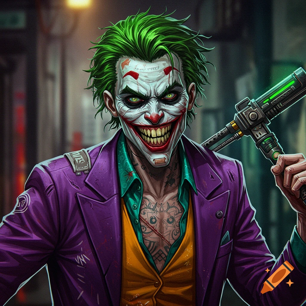 A stylized illustration of a menacing Joker with green hair, white face, and a wide smile, wearing a purple suit and holding a sci-fi weapon.