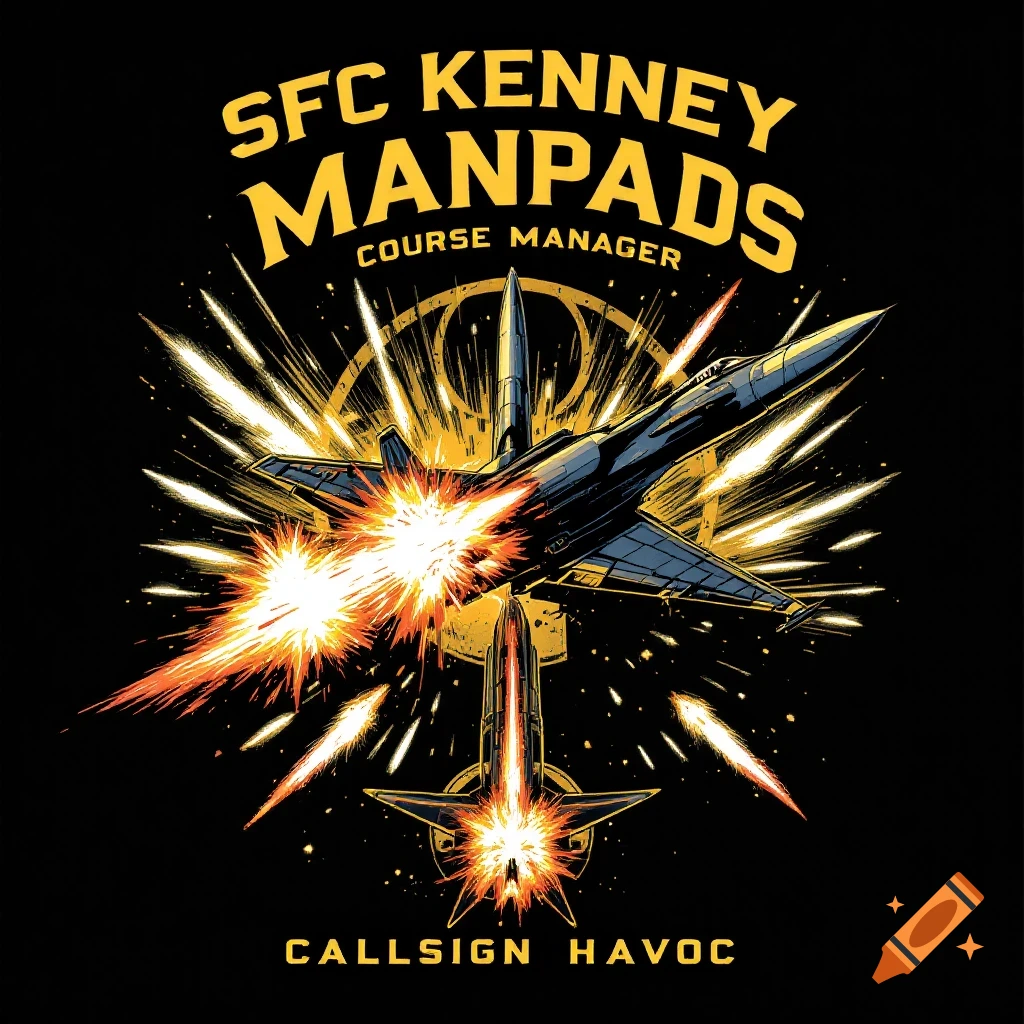Stylized illustration of an SU-27 jet firing flares, about to be hit by a missile, with 'SFC Kenney Manpads Course Manager' and 'Callsign Havoc' text.