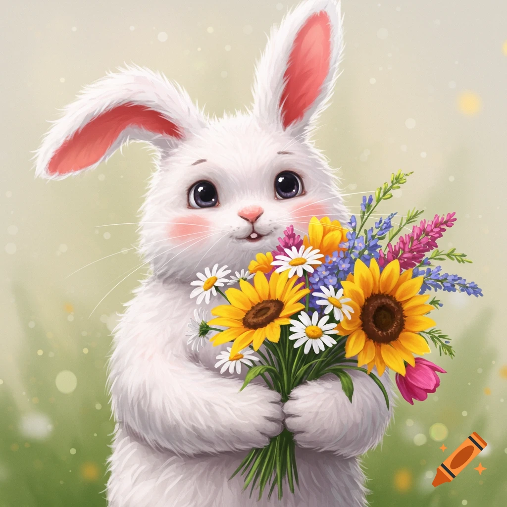 A cute, fluffy white rabbit holding a colorful bouquet of sunflowers, daisies, and purple flowers. Illustrated.