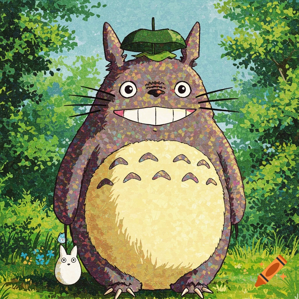 A mosaic art depiction of Totoro holding a leaf umbrella on its head, standing in a green forest with a small white Totoro beside it.
