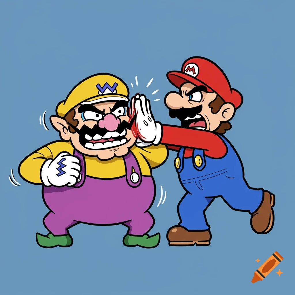 Cartoon illustration of an angry Mario slapping Wario, who is also angry, on a blue background.