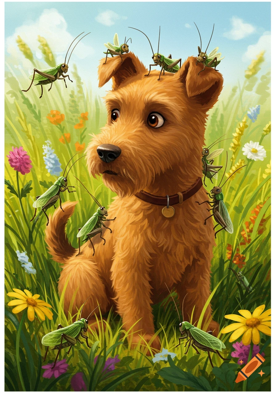 A cartoonish brown dog with big eyes sits in a field filled with green crickets and colorful flowers.
