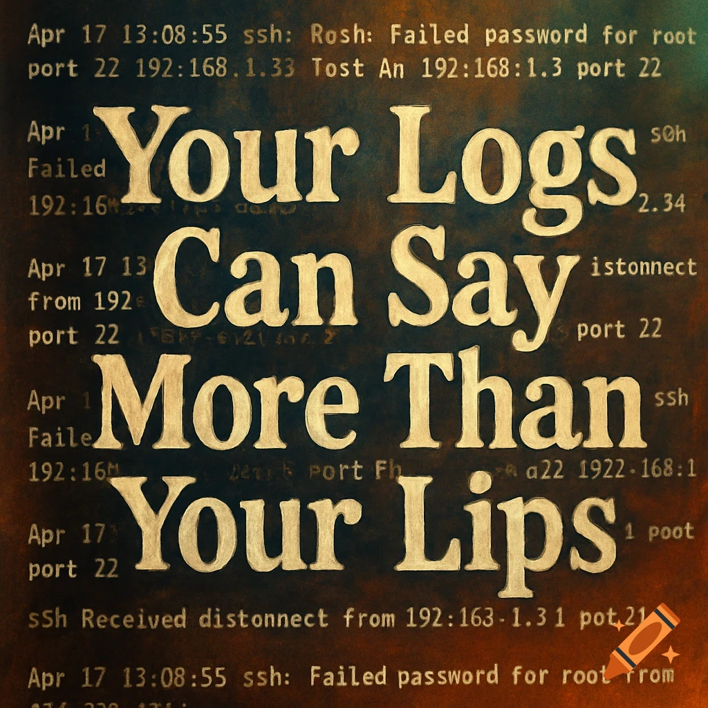 Stylized image with the quote "Your Logs Can Say More Than Your Lips" in bold, light-colored text over a dark, textured background of faint SSH log entries.