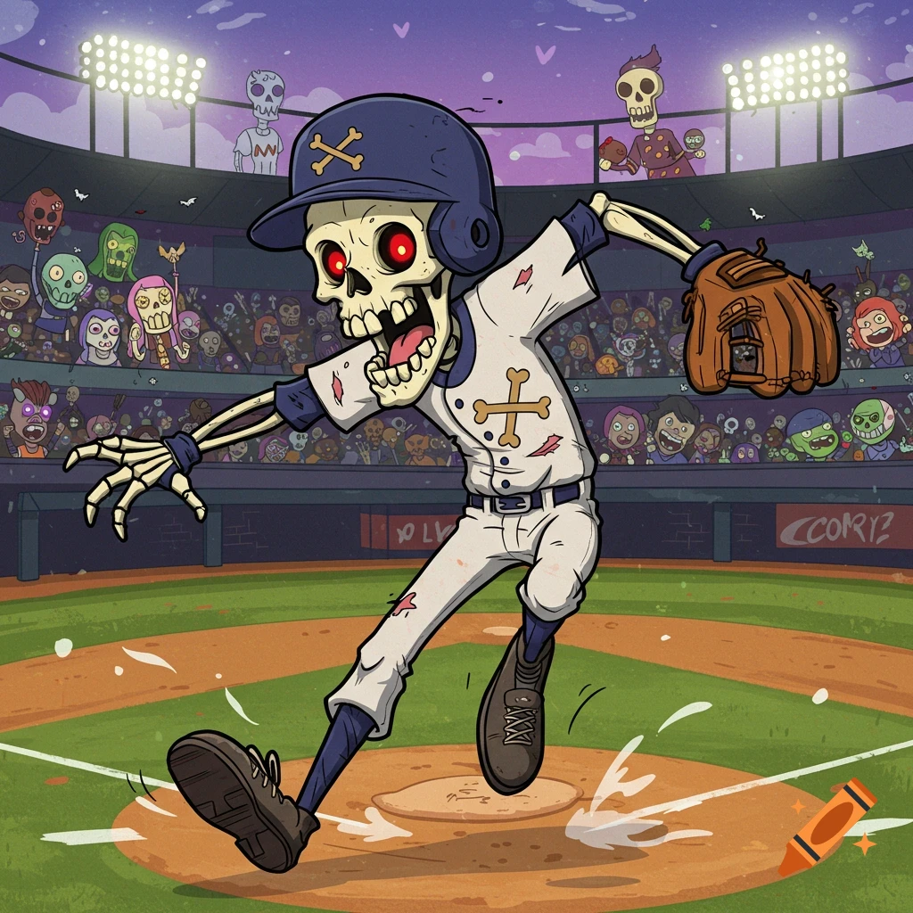 A cartoon skeleton baseball player with red eyes on a pitcher's mound, throwing a ball in a stadium filled with monster fans, under a purple sky.
