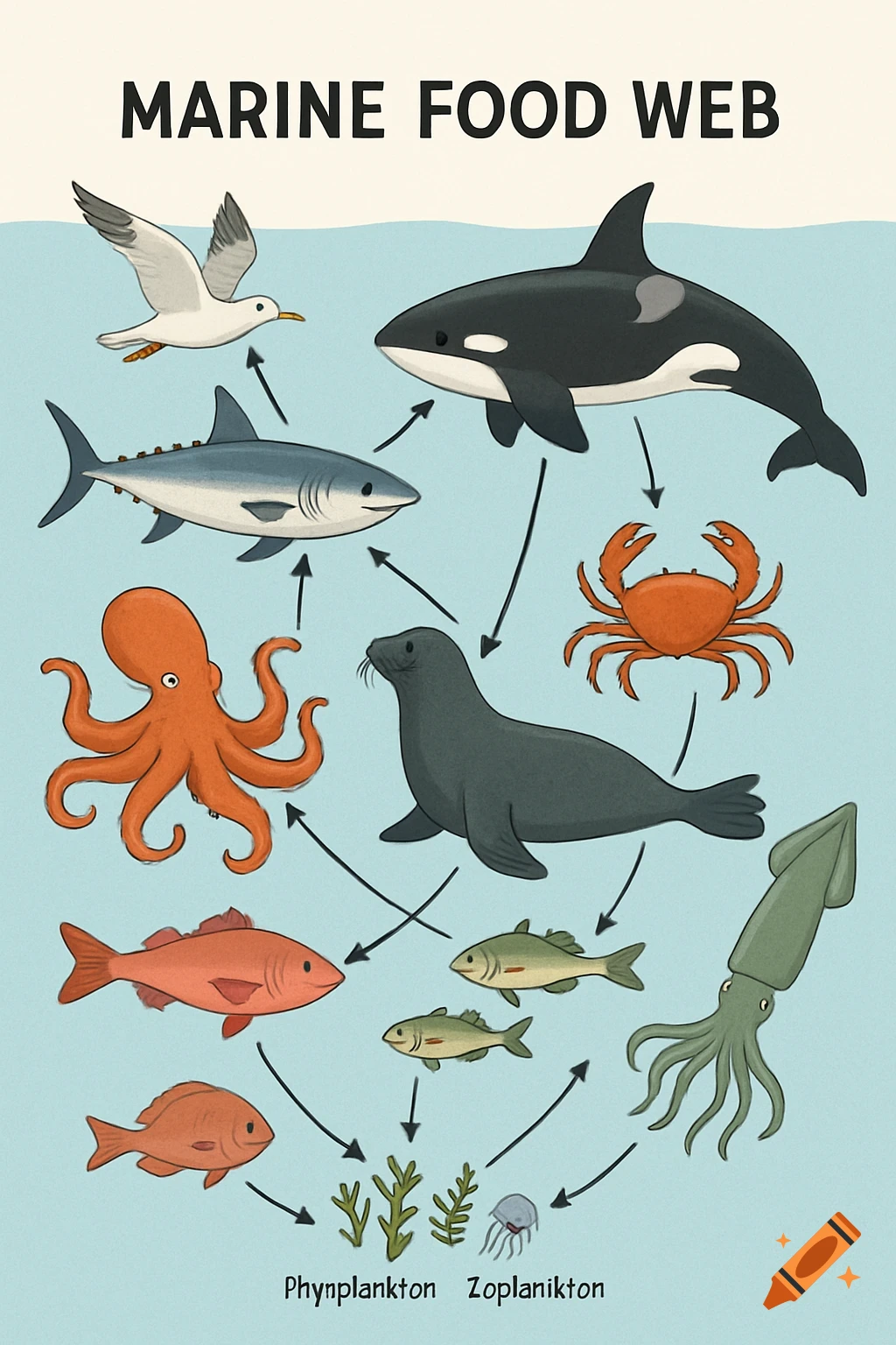 An illustrated marine food web diagram featuring various sea creatures like whales, sharks, and fish, connected by arrows.