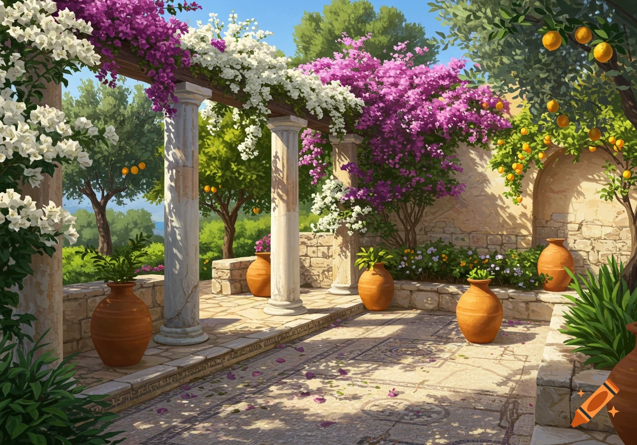 A vibrant Greek garden with purple and white bougainvillea climbing a pergola, classic columns, terracotta pots, orange trees, and a mosaic tiled patio.