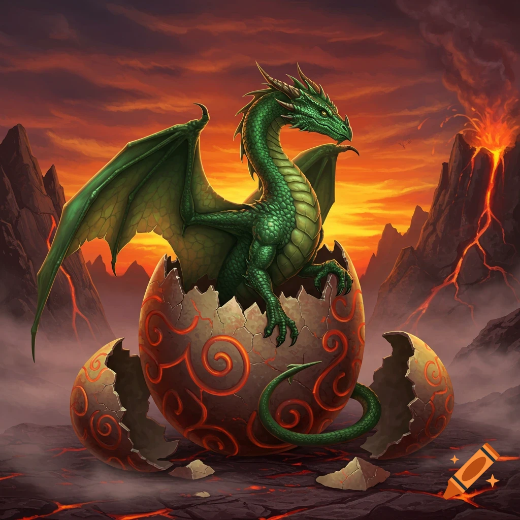 A vibrant green dragon emerges from a cracked, patterned egg, set against a dramatic volcanic landscape with a fiery orange sky.