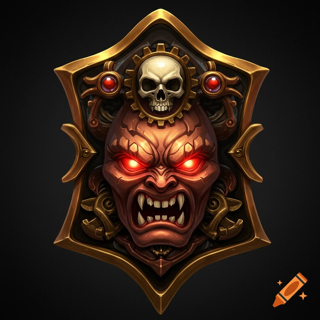 A gold and brown steampunk emblem featuring an enraged face with red eyes and fangs, topped by a skull.