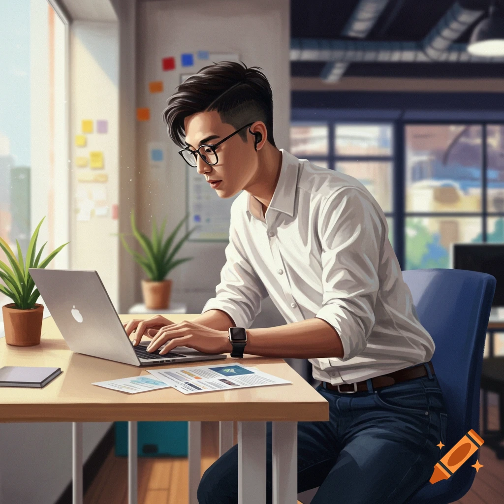 A stylish man with glasses works on a laptop at a desk in a bright office, with plants and documents nearby, in a photorealistic style.