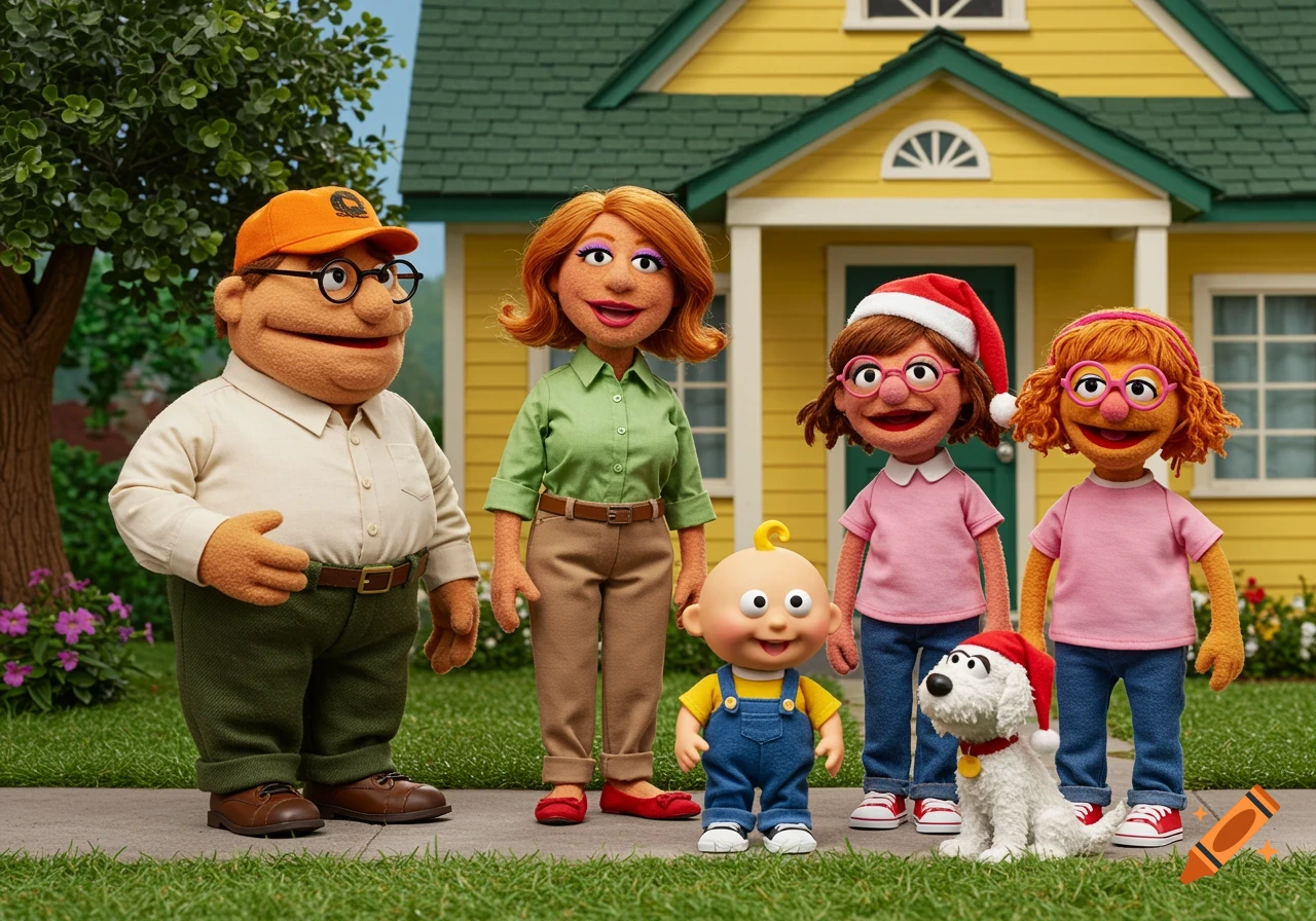 A Muppet-style family, including adults, teenagers, a baby, and a white dog, stands on a sidewalk in front of a yellow house.
